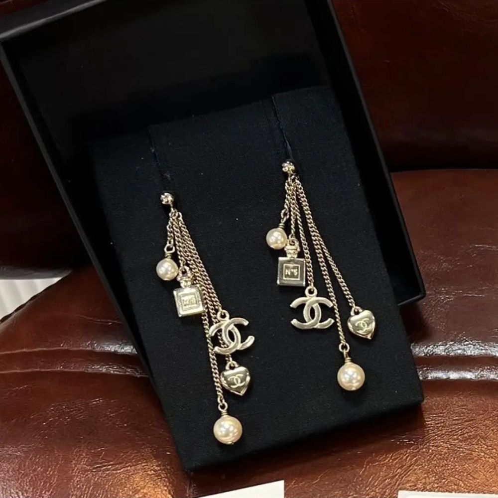 Chanel CC Logo Perfume Bottle Heart Pearl Earrings Metal Faux Pearl Gold - Image 2