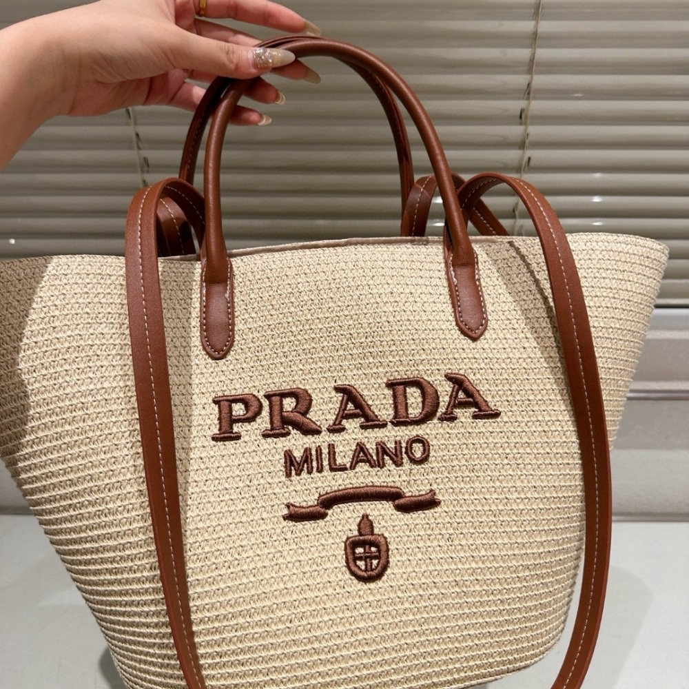 Prada Large Raffia And Leather Shopping Bag Beige Brown 25Cm 1Bg470 2Cxq F0A5T V Goo - Image 2