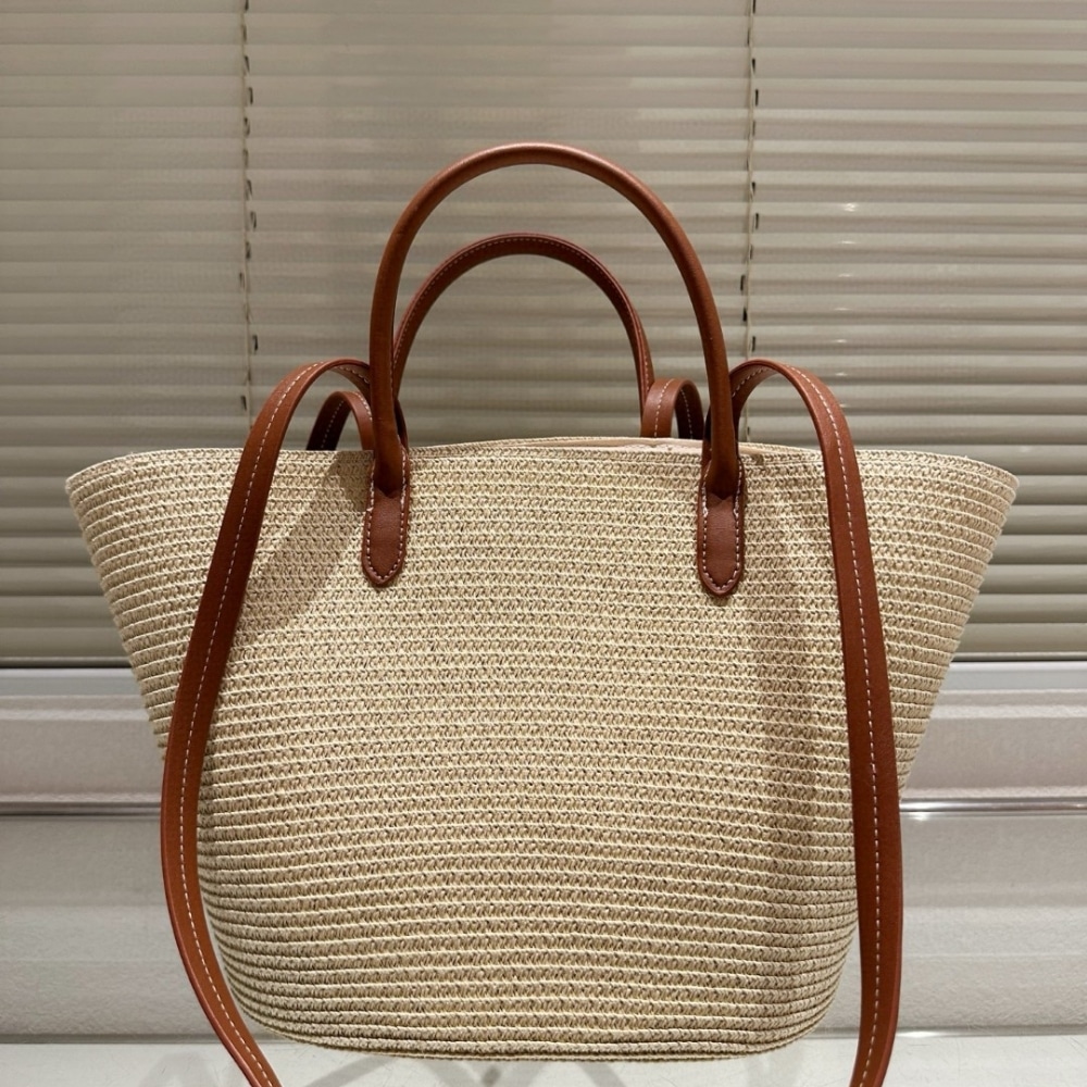 Prada Large Raffia And Leather Shopping Bag Beige Brown 25Cm 1Bg470 2Cxq F0A5T V Goo - Image 3
