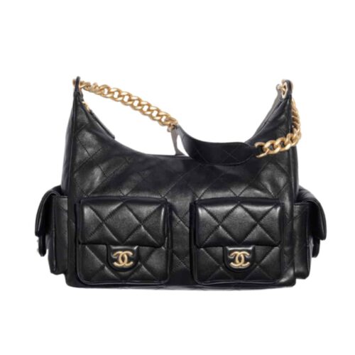 Chanel Maxi Small Smooth Leather Hobo Bags Black 25cm