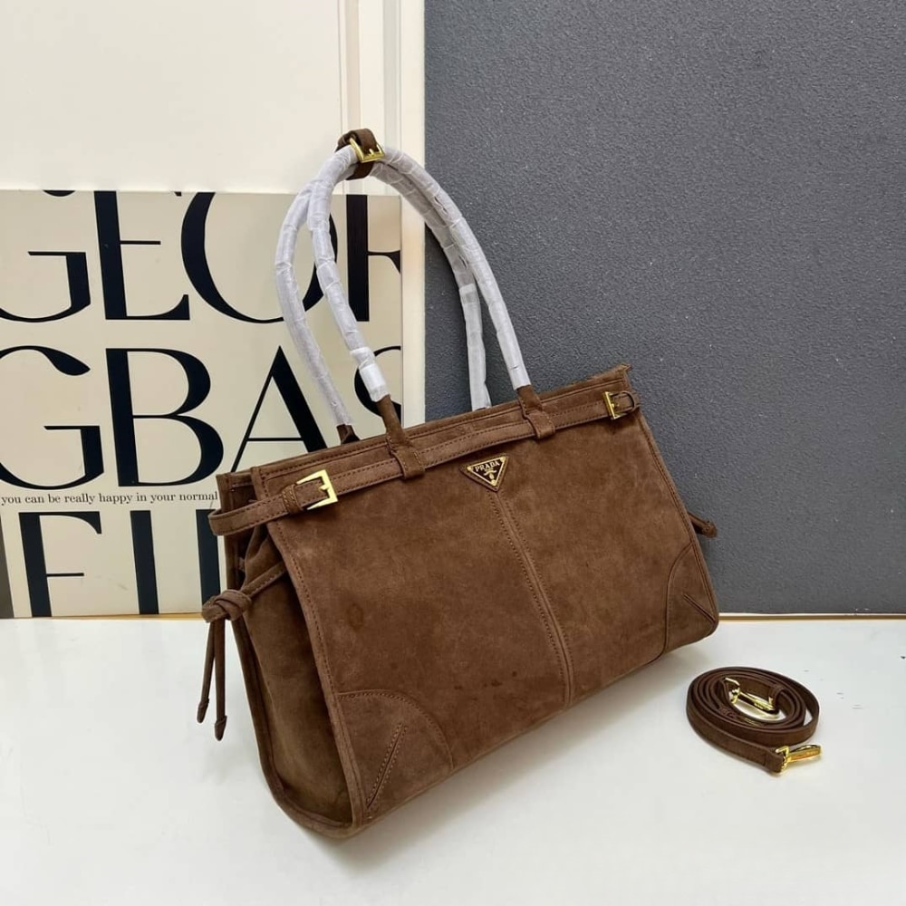 Prada Bonnie Large Suede Handbag Cacao Brown 38Cm 1Ba433 2C4S F0324 V Moo - Image 3