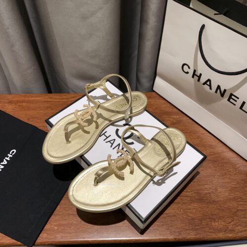 Alternative view of Chanel CC Logo Metallic Leather Thong Sandals Gold