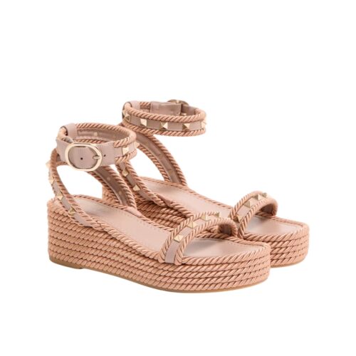 Valentino Rockstud Flatform Sandal In Leather Beige 45Mm 7W2S0GI3BAE P45