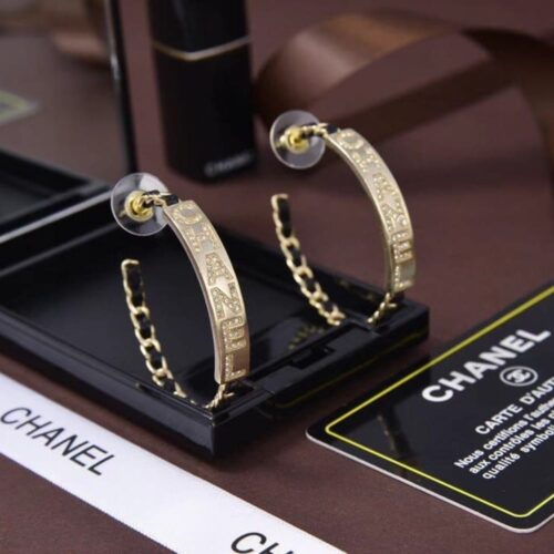 Alternative view of Chanel Lettering Hoop Earrings Crystals Leather Gold