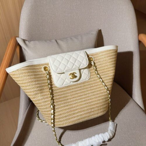 Alternative view of Chanel Shopping Bag Small Braided Straw Tote Bag Beige White 26cm