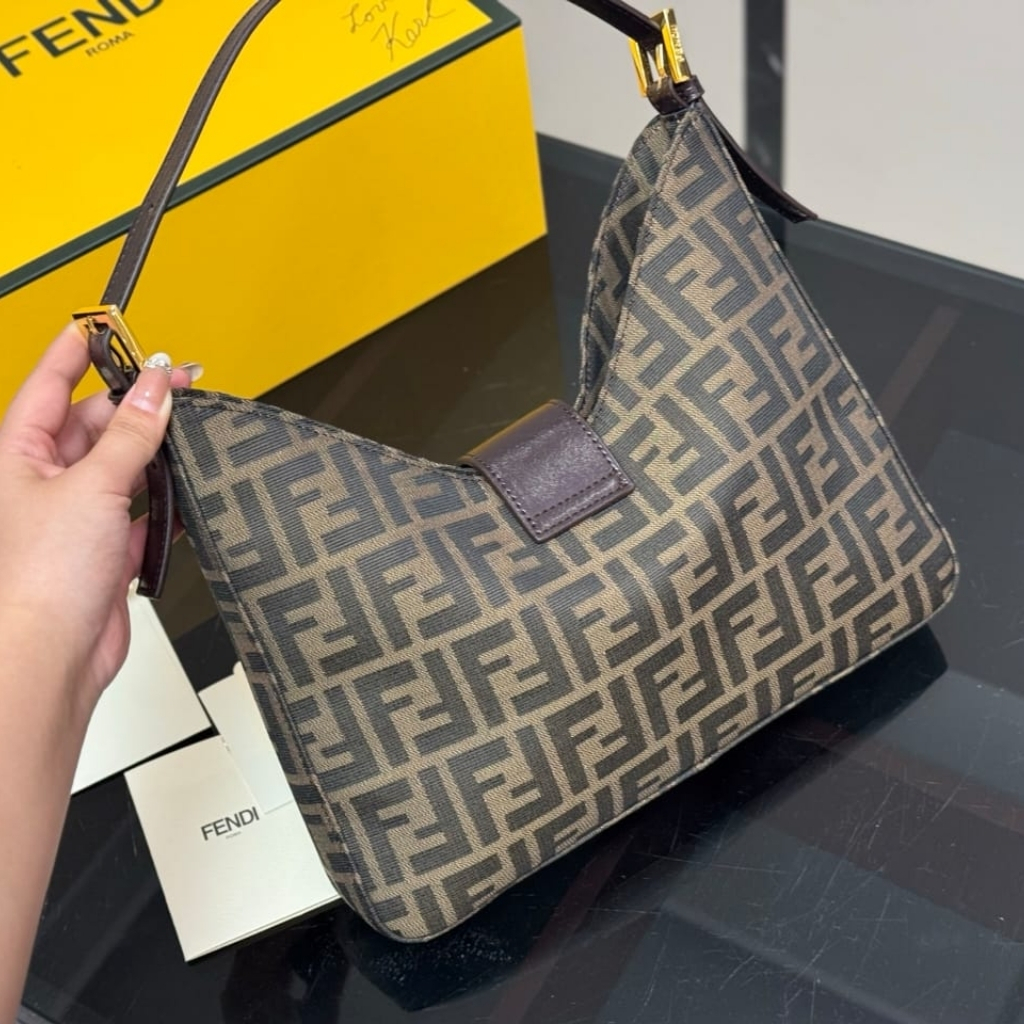 Fendi Zucca Baguette Canvas Leather Shoulder Bag Dark Brown 30cm - Image 5