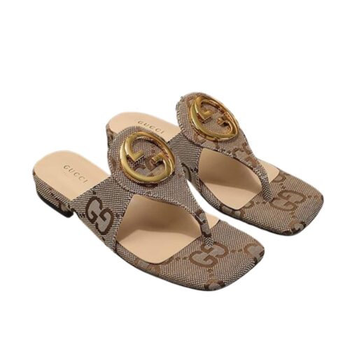 Gucci Women's Blondie Thong Sandals GG Canvas Ebony Brown