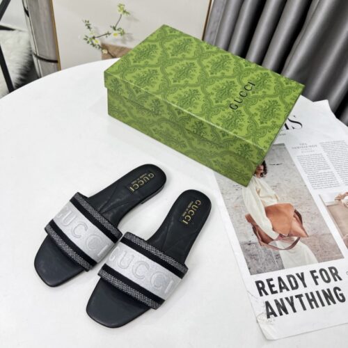 Alternative view of Gucci Women Slide Canvas Sandal Black And White 817564 FAECG 8843