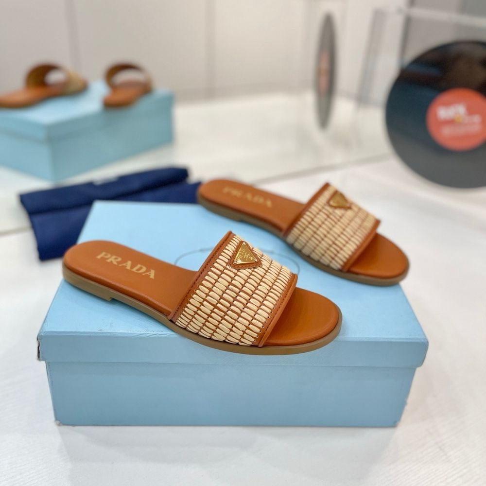 Prada Leather Slides With Crochet Details Cognac Brown - Image 2