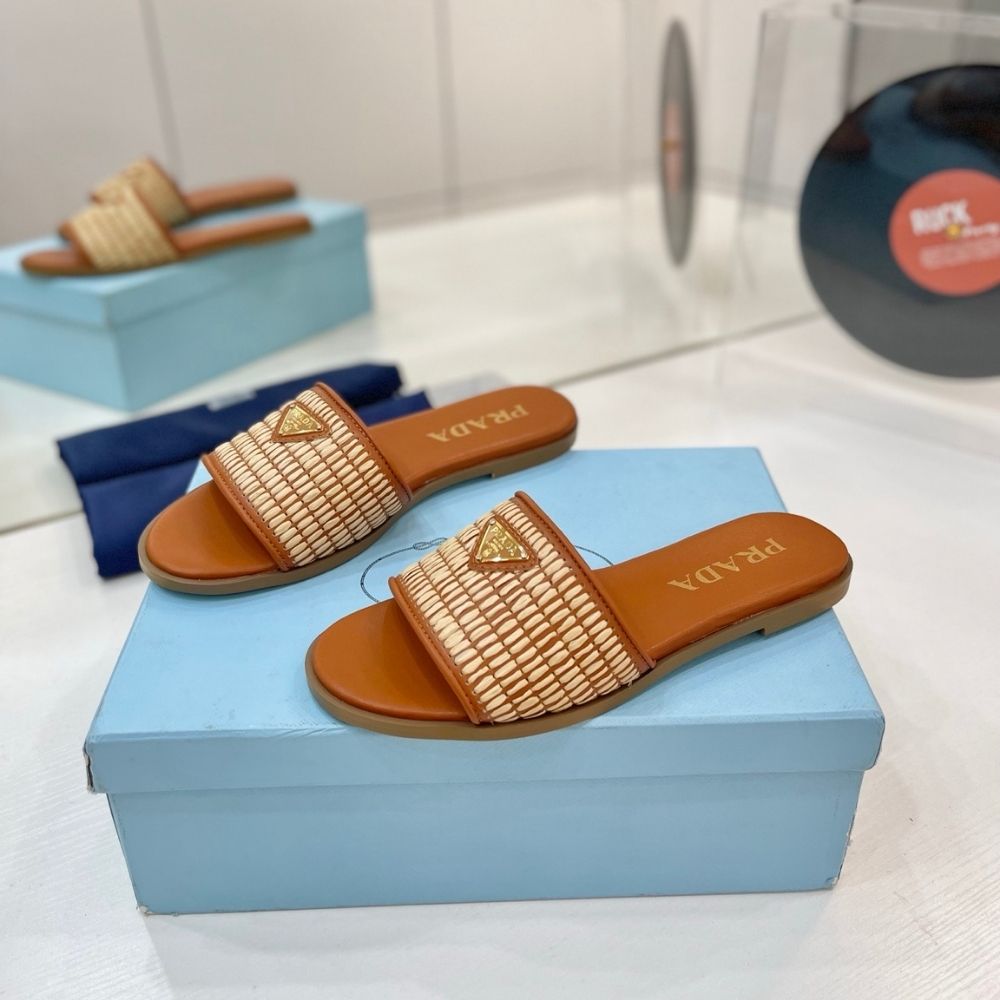 Prada Leather Slides With Crochet Details Cognac Brown - Image 4