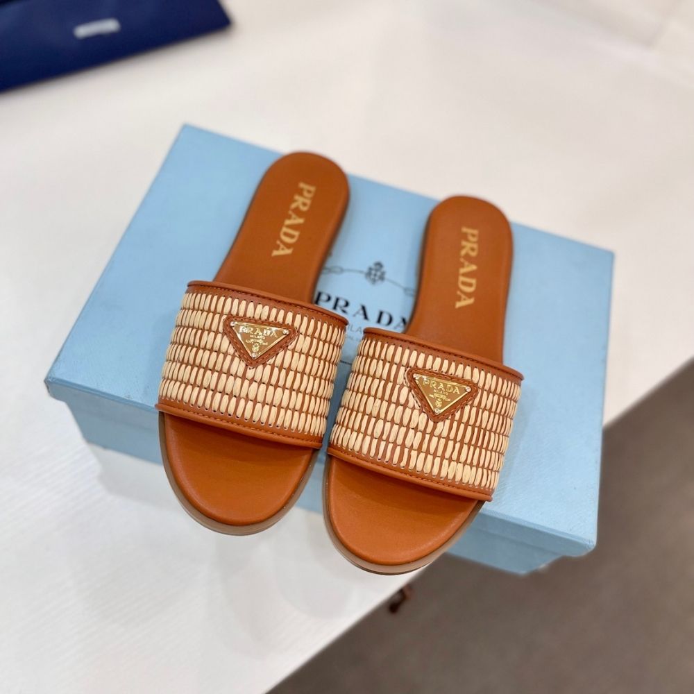 Prada Leather Slides With Crochet Details Cognac Brown - Image 3