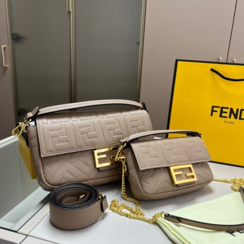 Alternative view of Fendi Baguette Midi FF Motif Leather Chain Bag Beige 24Cm