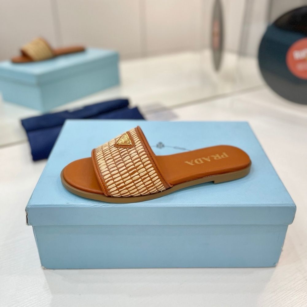 Prada Leather Slides With Crochet Details Cognac Brown - Image 5