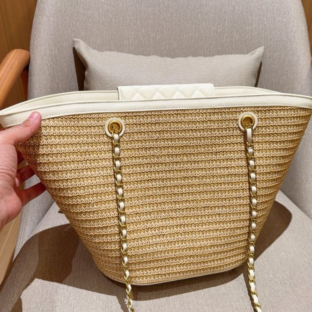 Chanel Shopping Bag Small Braided Straw Tote Bag Beige White 26cm - Image 6