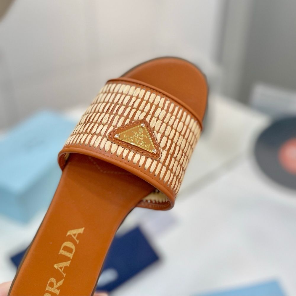Prada Leather Slides With Crochet Details Cognac Brown - Image 8