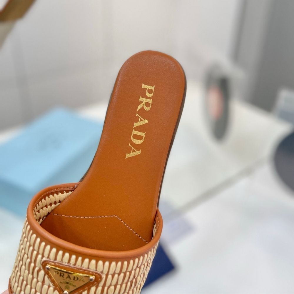 Prada Leather Slides With Crochet Details Cognac Brown - Image 9