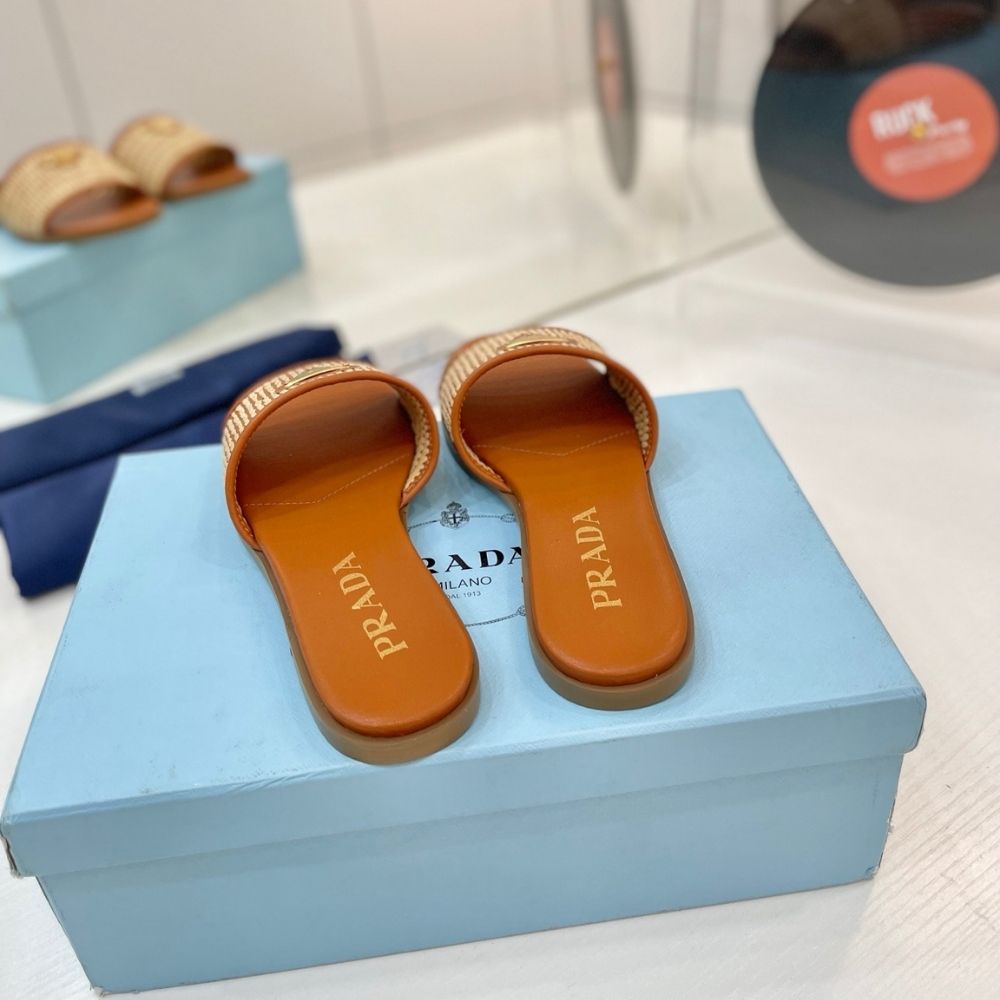 Prada Leather Slides With Crochet Details Cognac Brown - Image 7