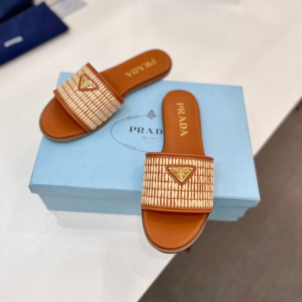 Prada Leather Slides With Crochet Details Cognac Brown - Image 6