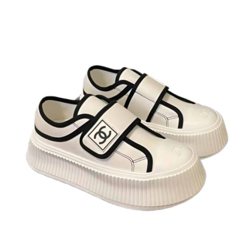 Chanel Platform Slip On Sneakers Fabric White Black