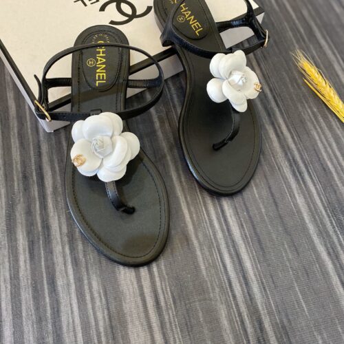 Alternative view of Chanel Camellia T Strap Sandals Smooth Leather Black White