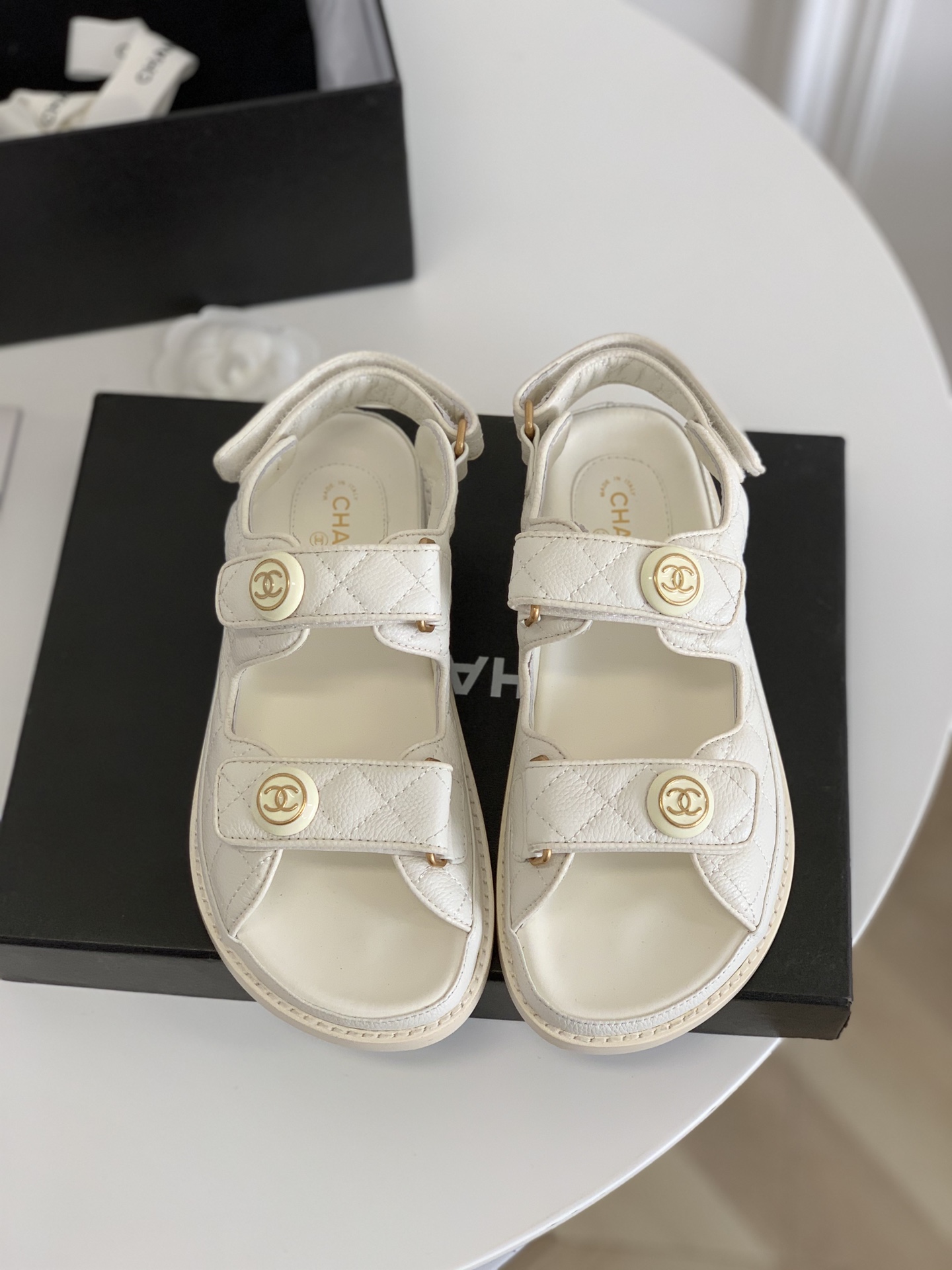 Chanel Sandals Grained Leather With CC Button Accent White - Image 2