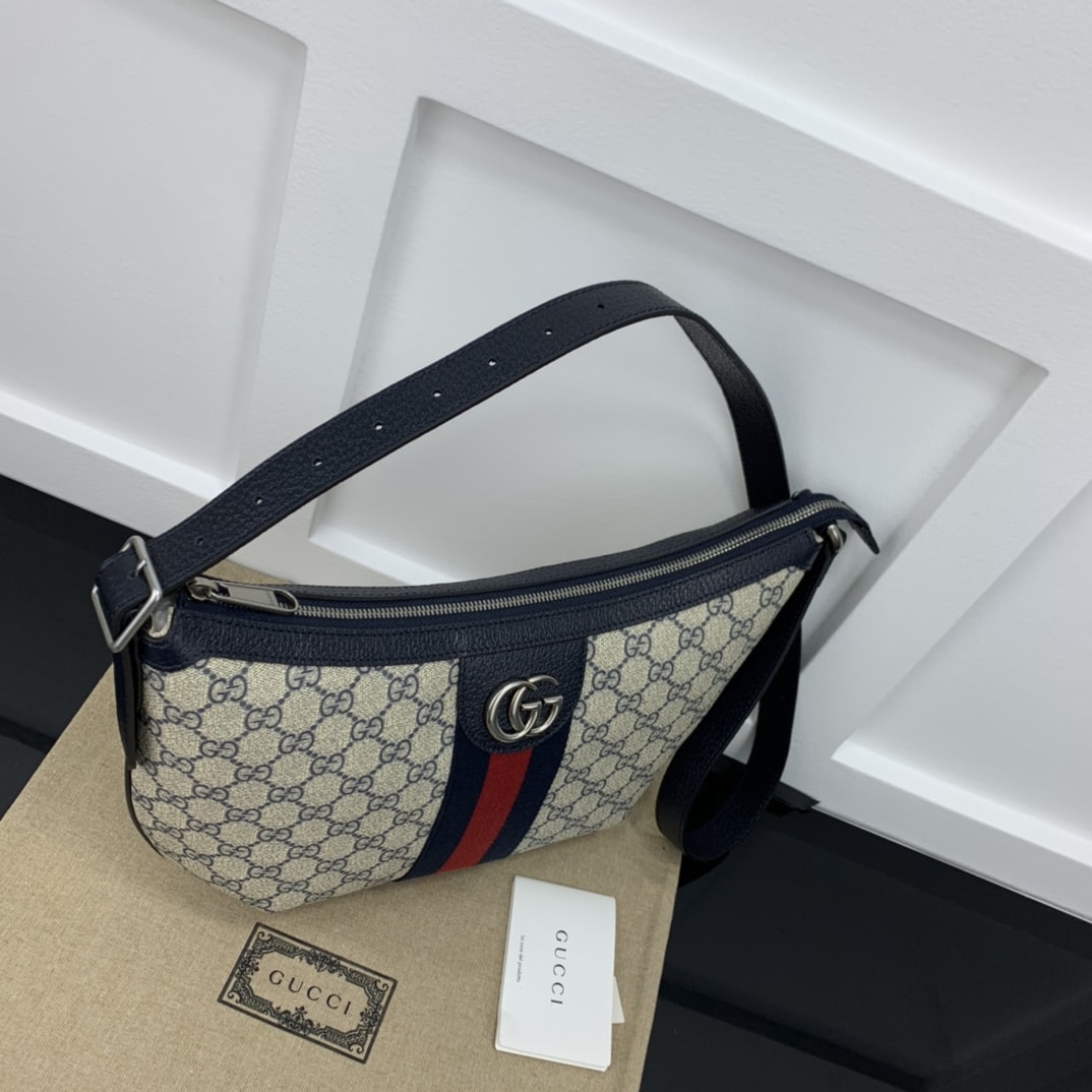 Gucci Ophidia Small GG Supreme Canvas Shoulder Bag Beige And Navy Blue 30Cm 598125 2ZGMN 4076 - Image 3