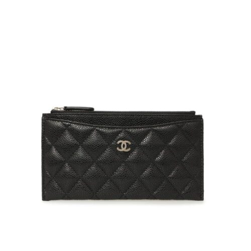 Chanel Classic Zip Pouch Grained Leather Wallet Black 22cm