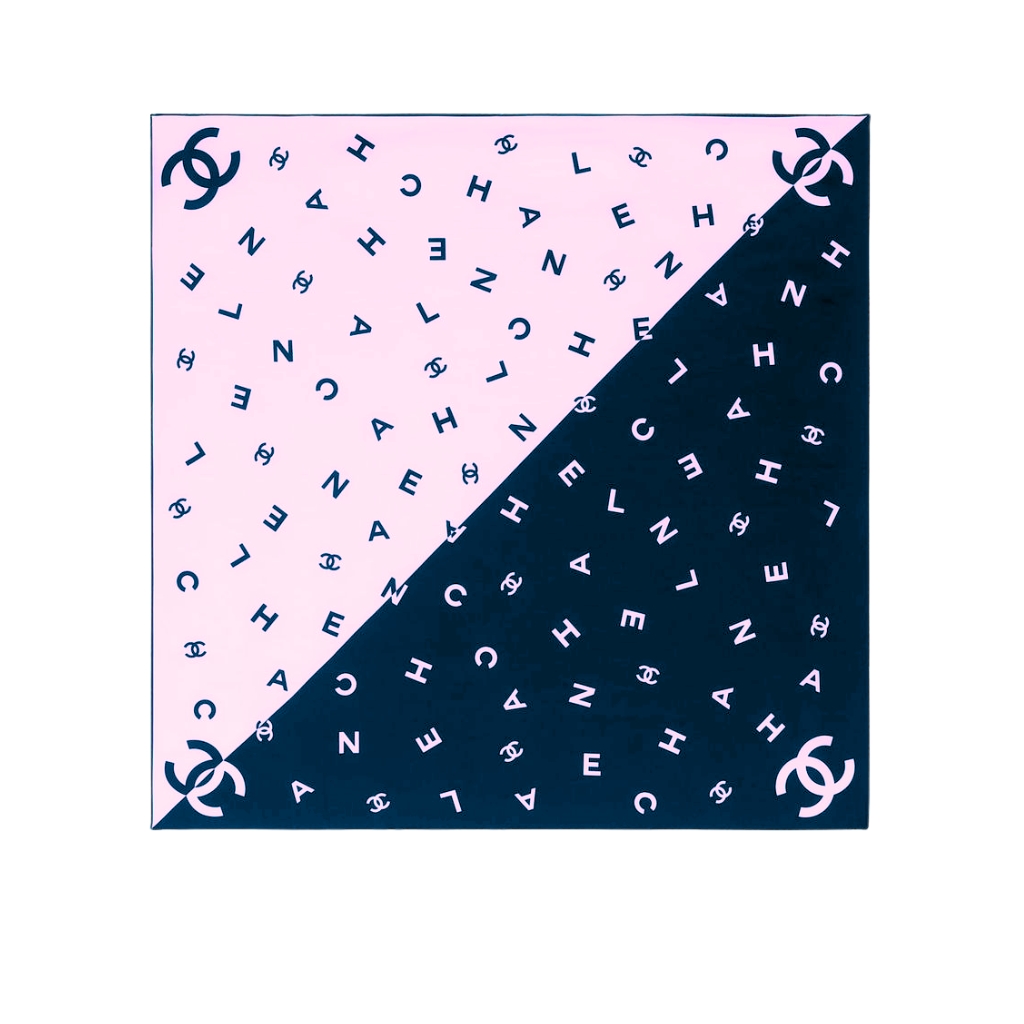 Chanel Multi Letters CC Square Scarf Silk Twill Navy Blue Pink 70cm