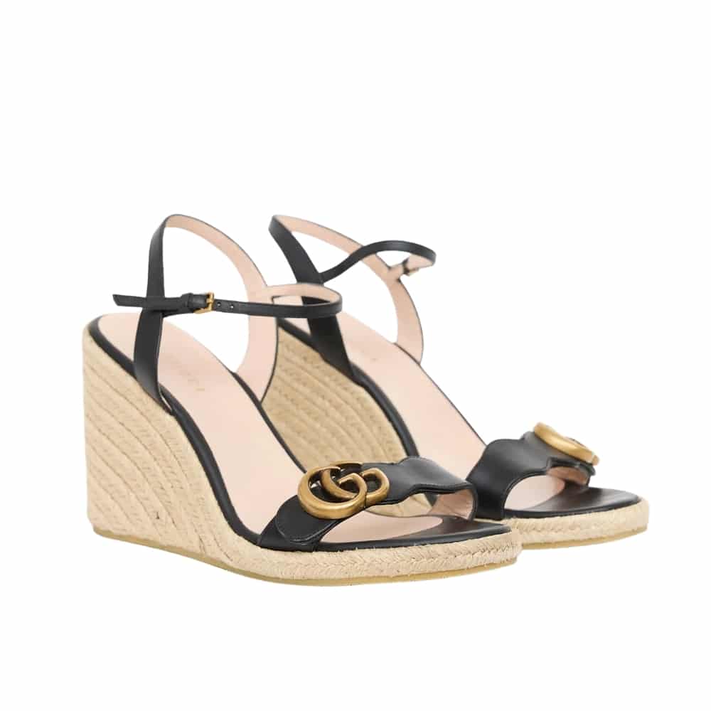 Gucci Wedge Espadrille Leather Sandals Black