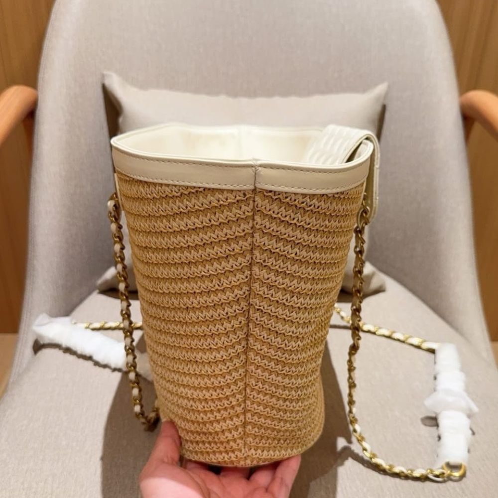Chanel Shopping Bag Small Braided Straw Tote Bag Beige White 26cm - Image 5