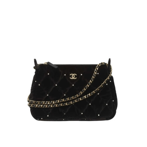 Chanel Velvet Crystal Quilted Chain Hobo Bag In Black 22Cm AP4861 B17652 93405