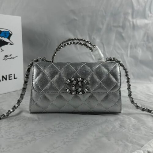 Alternative view of Chanel 23P Small Grained Leather Clutch With Chain Bag Silver 18cm