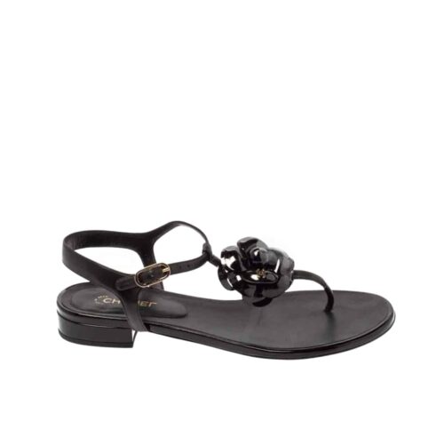 Chanel Camellia T Strap Sandals Smooth Leather Black