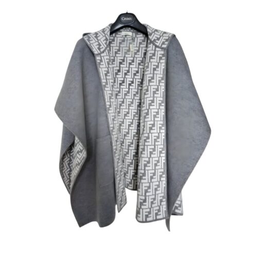Fendi Poncho FF Motif Wool And Cashmere Gray And White