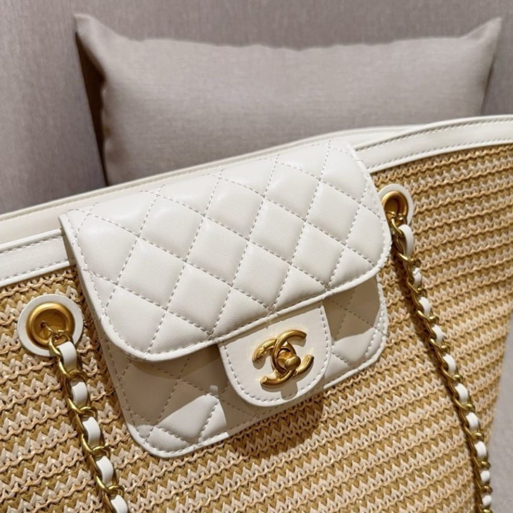Chanel Shopping Bag Small Braided Straw Tote Bag Beige White 26cm - Image 9