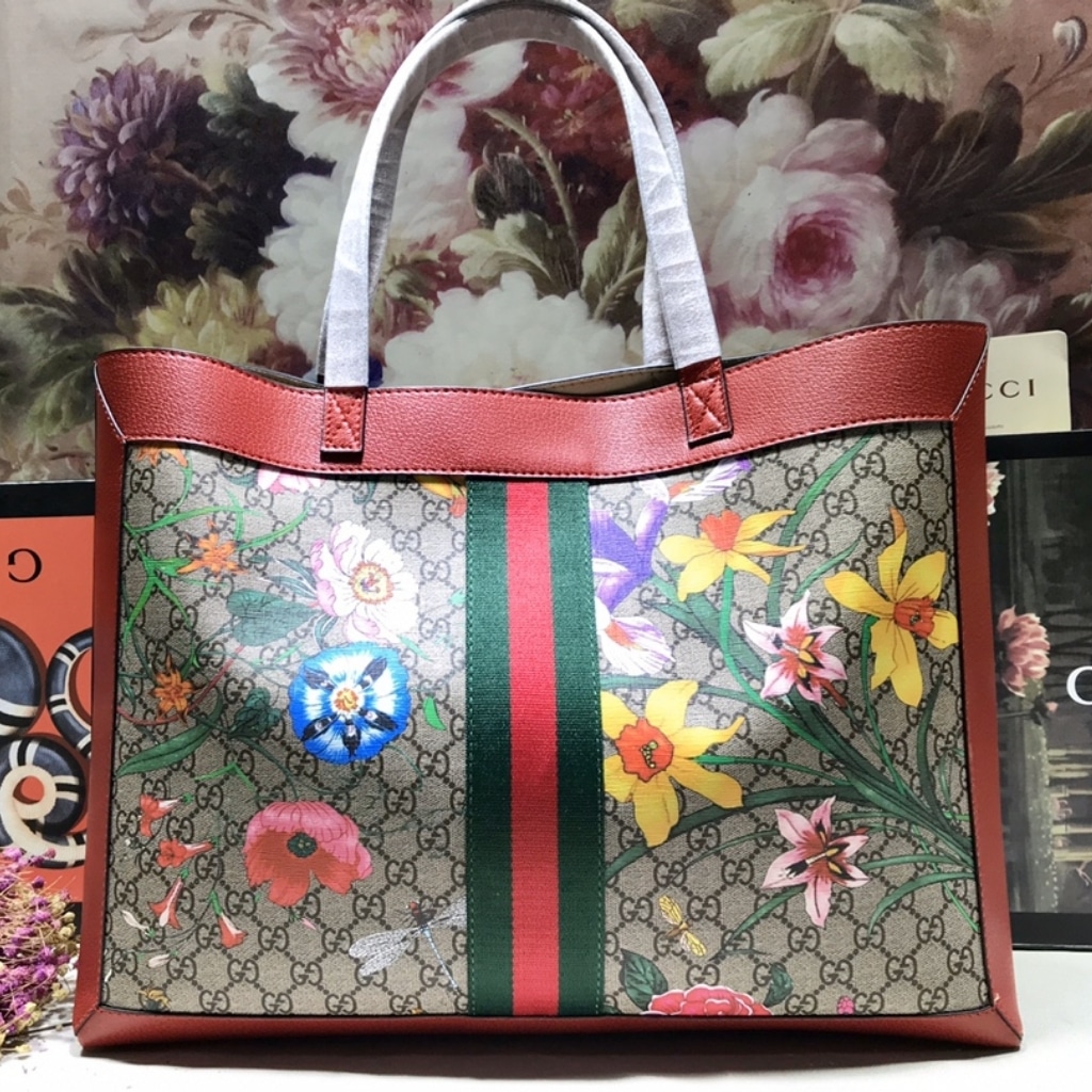 Gucci Ophidia Medium GG Flora Print Supreme Canvas Tote Bag Dark Red 44cm 547947 HWHAC 8722 - Image 3