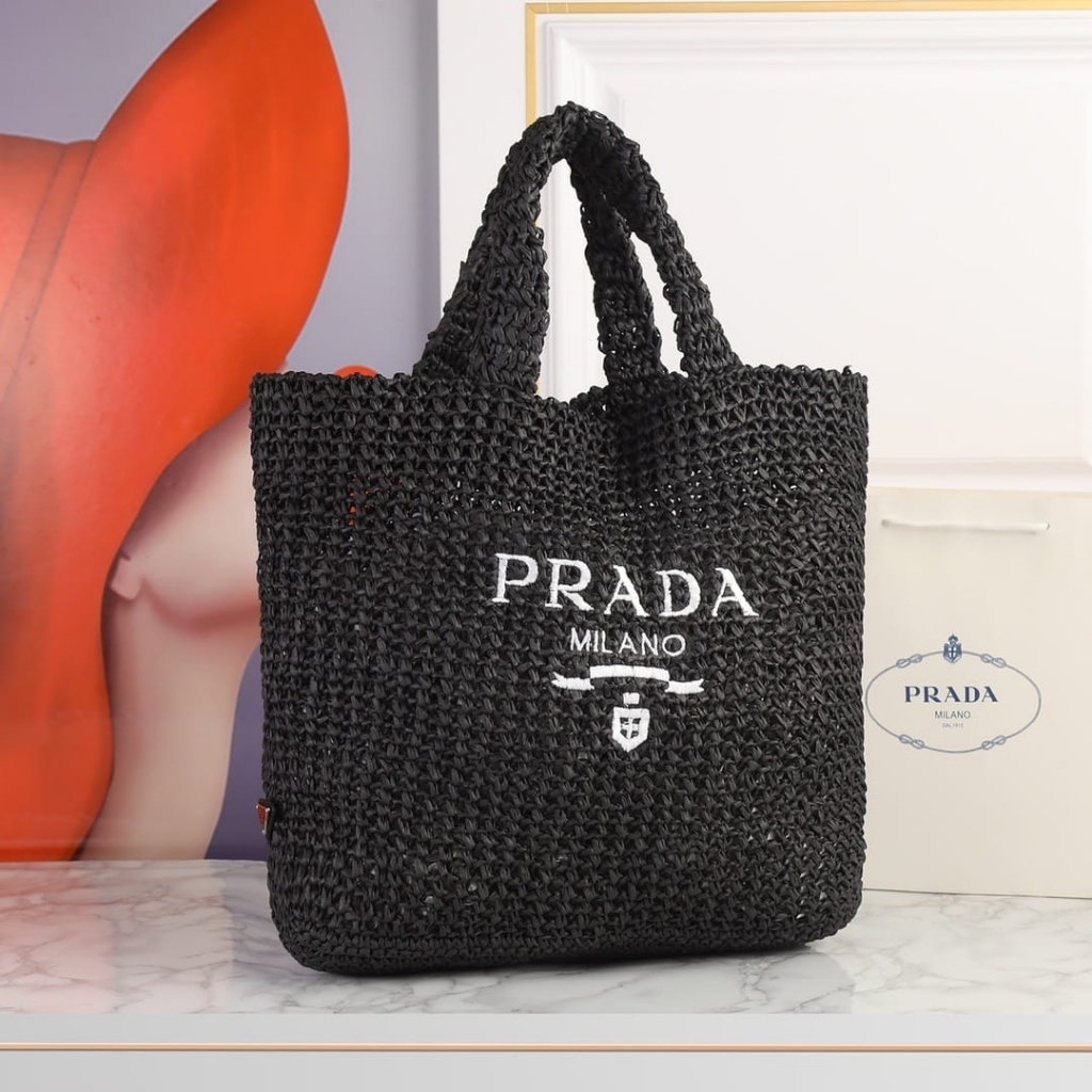 Prada Large Crochet Raffia Tote Bag Black 40cm 1BG392 2A2T F0002 V OOL - Image 2
