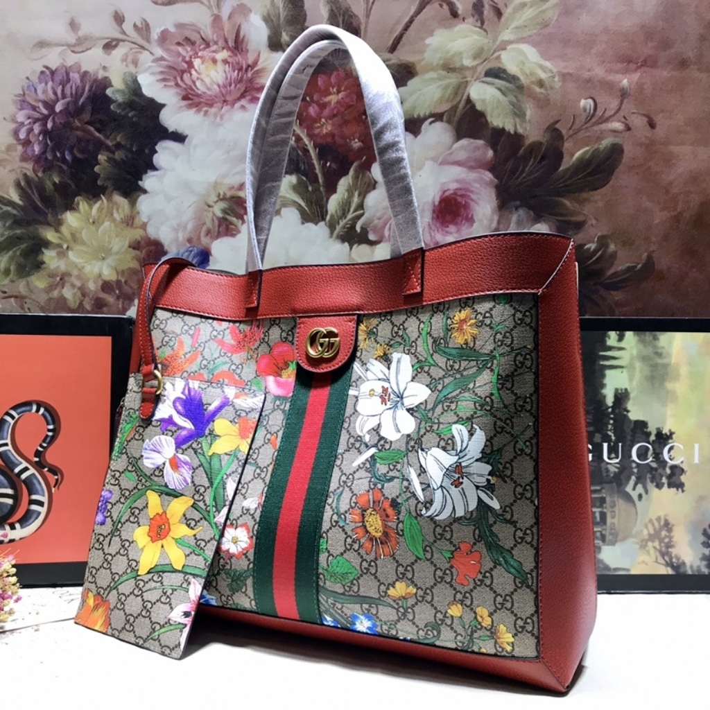 Gucci Ophidia Medium GG Flora Print Supreme Canvas Tote Bag Dark Red 44cm 547947 HWHAC 8722 - Image 2