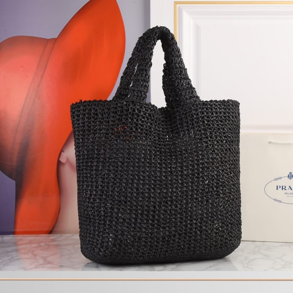 Prada Large Crochet Raffia Tote Bag Black 40cm 1BG392 2A2T F0002 V OOL - Image 4