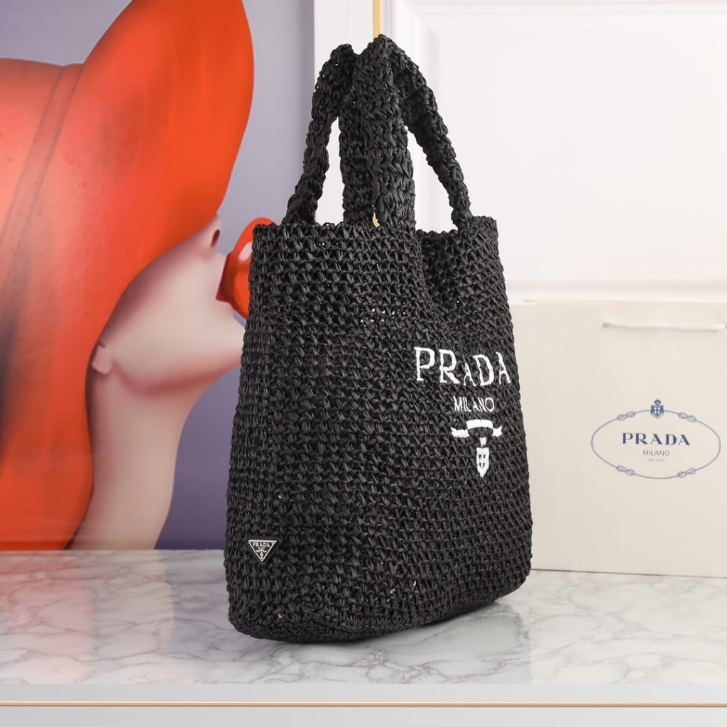 Prada Large Crochet Raffia Tote Bag Black 40cm 1BG392 2A2T F0002 V OOL - Image 3