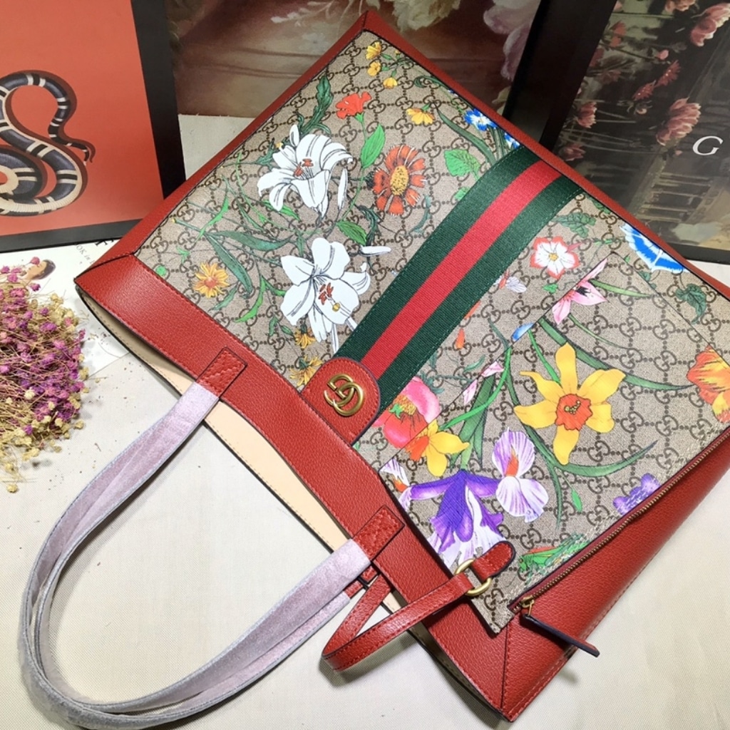 Gucci Ophidia Medium GG Flora Print Supreme Canvas Tote Bag Dark Red 44cm 547947 HWHAC 8722 - Image 9