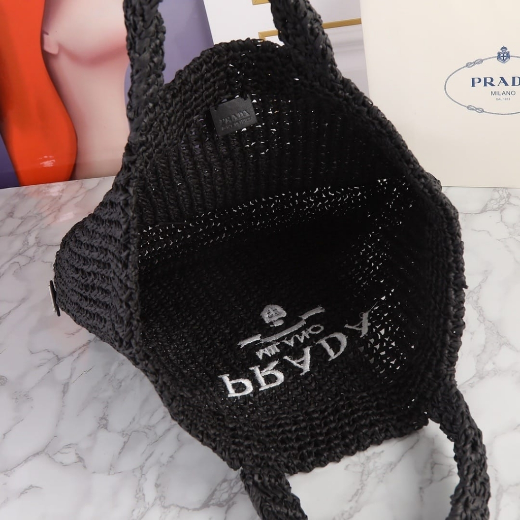 Prada Large Crochet Raffia Tote Bag Black 40cm 1BG392 2A2T F0002 V OOL - Image 5
