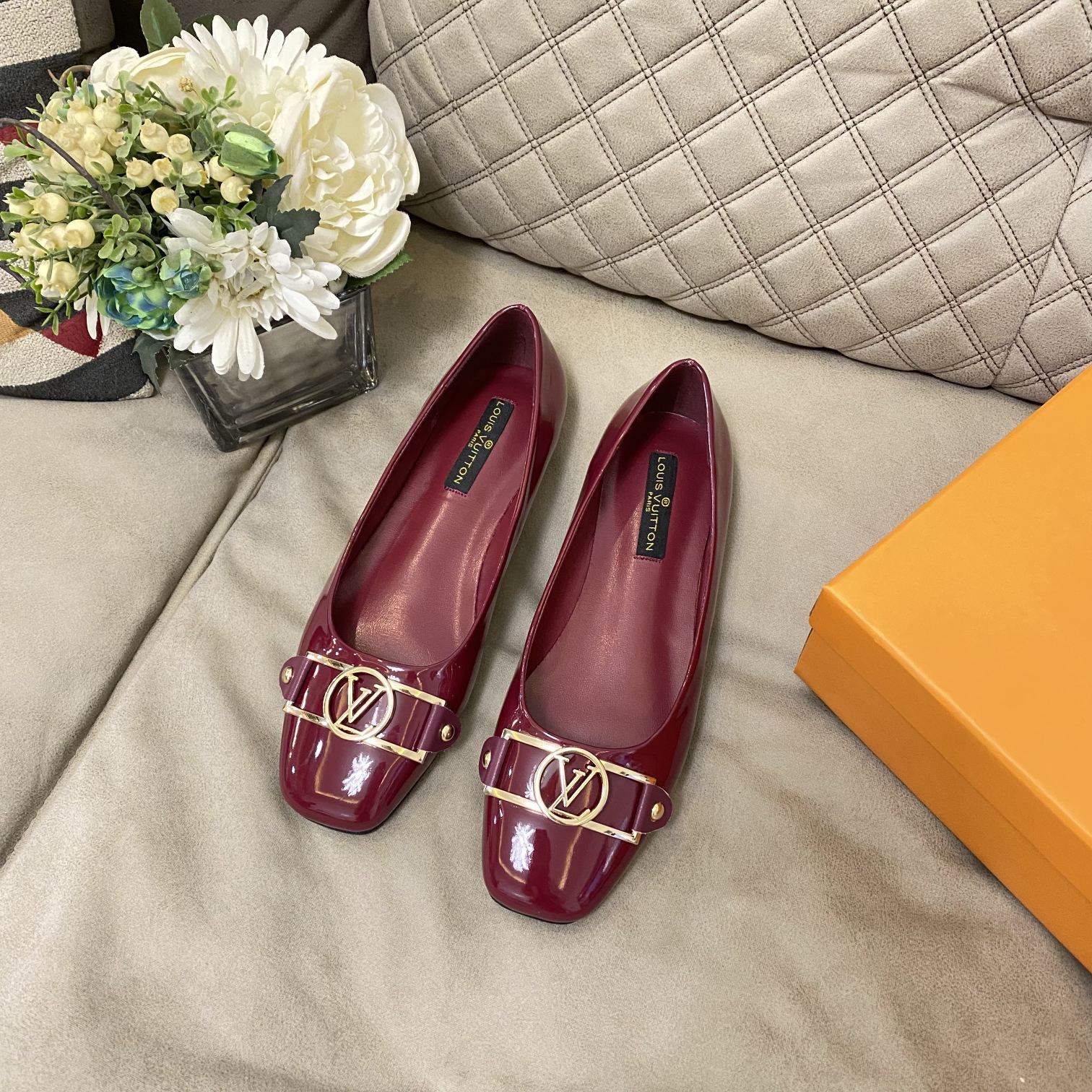 Louis Vuitton Signature LV Logo Leather Ballerina Wine Red - Image 3