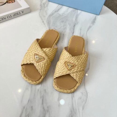 Alternative view of Prada Raffia Crisscross Slides Natural