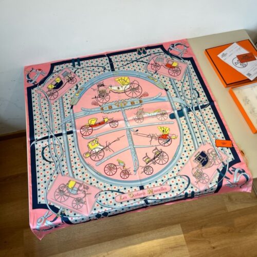 Alternative view of Hermes Les Voitures Nouvelles Silk Twill Scarf Rose Bonbon And Blue 90cm H984108S 01