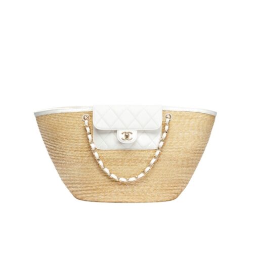 Chanel Shopping Bag Small Braided Straw Tote Bag Beige White 26cm