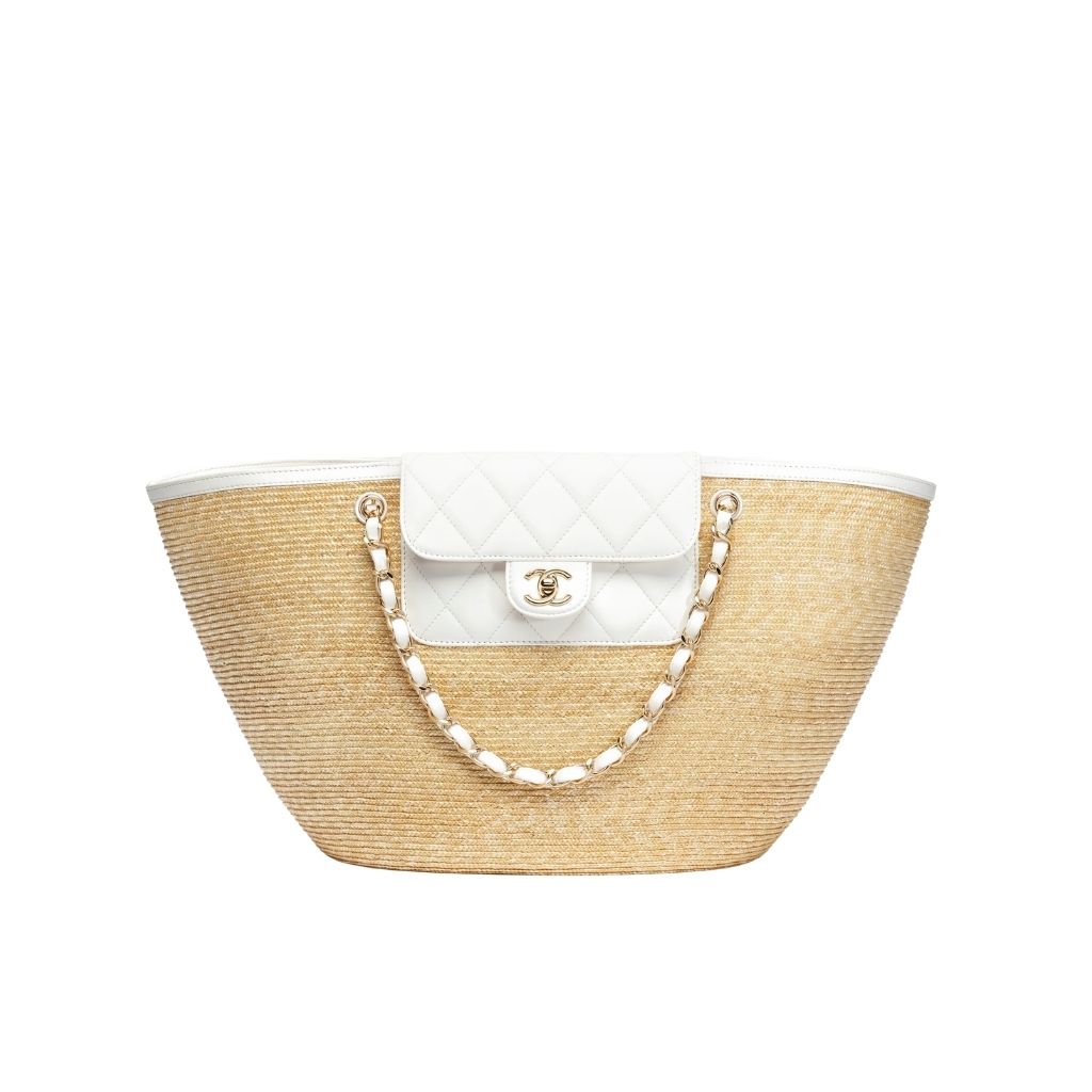 Chanel Shopping Bag Small Braided Straw Tote Bag Beige White 26cm