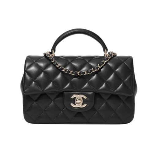 Chanel Classic Mini Smooth Leather Handle Bags Black 20cm