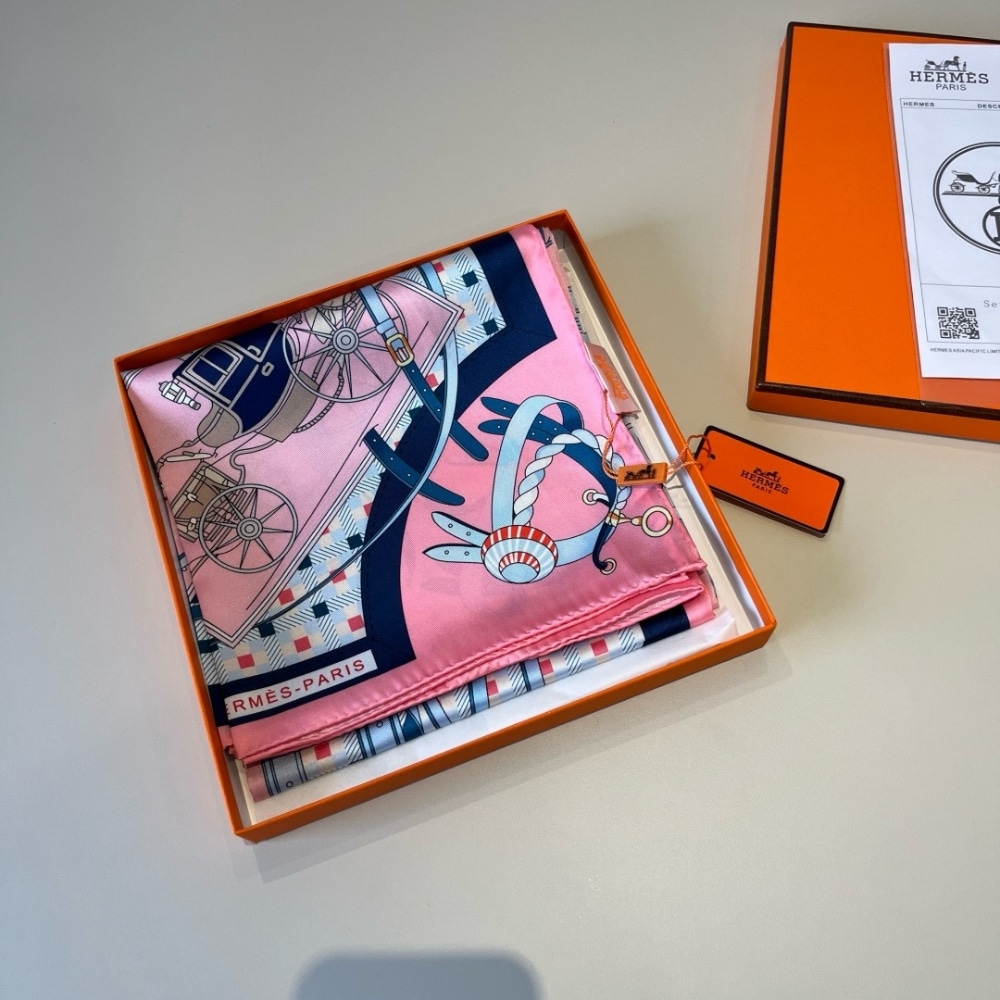 Hermes Les Voitures Nouvelles Silk Twill Scarf Rose Bonbon And Blue 90cm H984108S 01 - Image 5