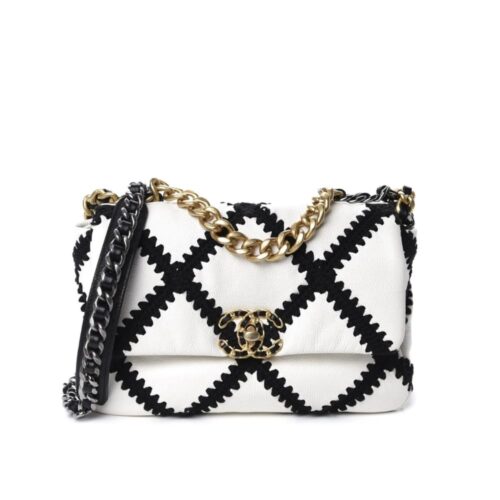 Chanel 19 Small Smooth Leather Flap Bag White Black 24cm AS1160 B04824 C0200